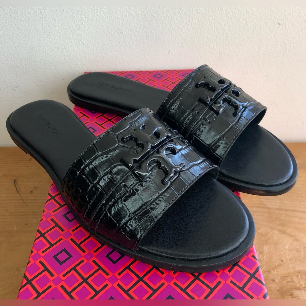 S⭕️LD‼️New Tory Burch Everly Slide in Perfect Black Croc Embossed Size 7 - Picture 1 of 12